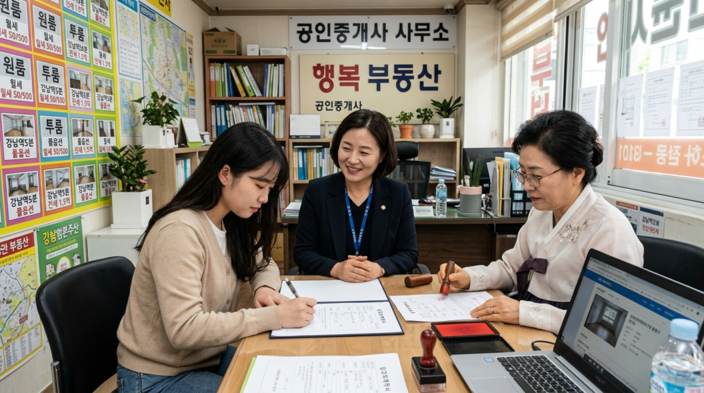 A foreigner signing a lease contract inside a Korean real estate agent's office with the agent and a licensed broker