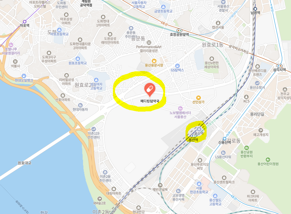 A satellite map of Medi Kingdom Pharmacy near Yongsan Station