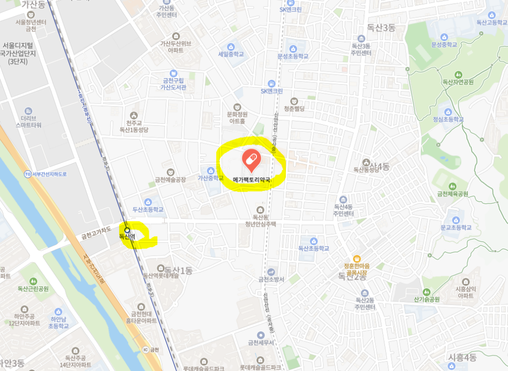 A satellite map of a mega factory pharmacy in Geumcheon-gu is near Doksan Station