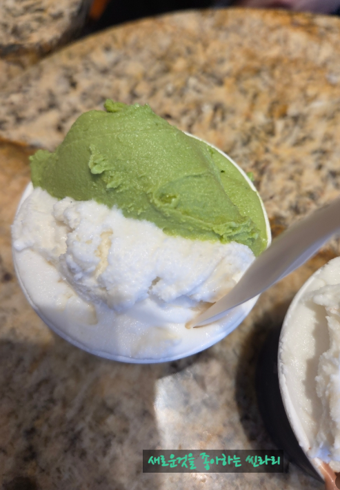 This is Icheon Rice Ice Cream and Jeju Green Tea Ice Cream, which were eaten by Gelatinati, a premium ice cream brand that interpreted Italian gelato in Korean.