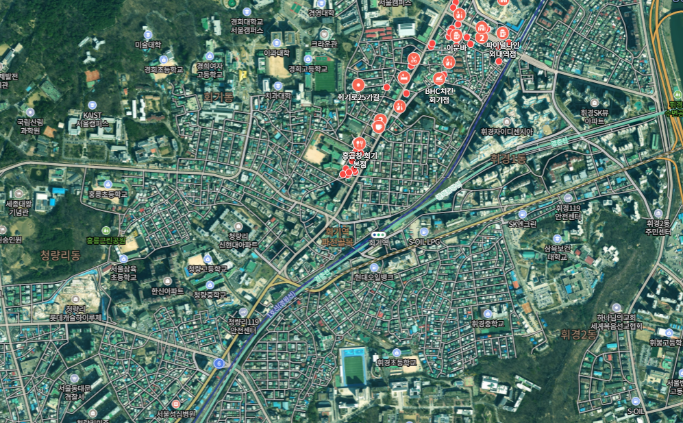 Satellite map of the Hoegi and Imun-dong university district in Dongdaemun-gu, Seoul