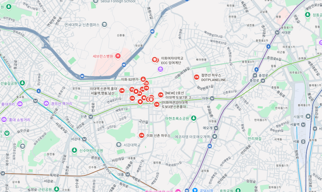 Map of the Sinchon and Ewha Womans University area in Mapo-gu, Seoul, near Line 2