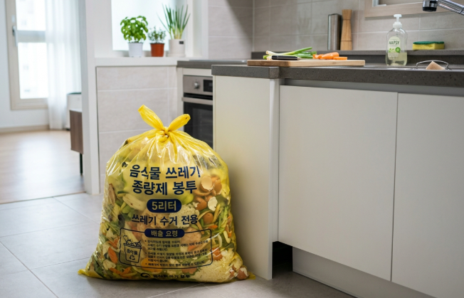Photorealistic close-up of a yellow Korean food waste disposal bag filled with food scraps, sitting next to a kitchen counter, clean modern Korean apartment background, soft daylight