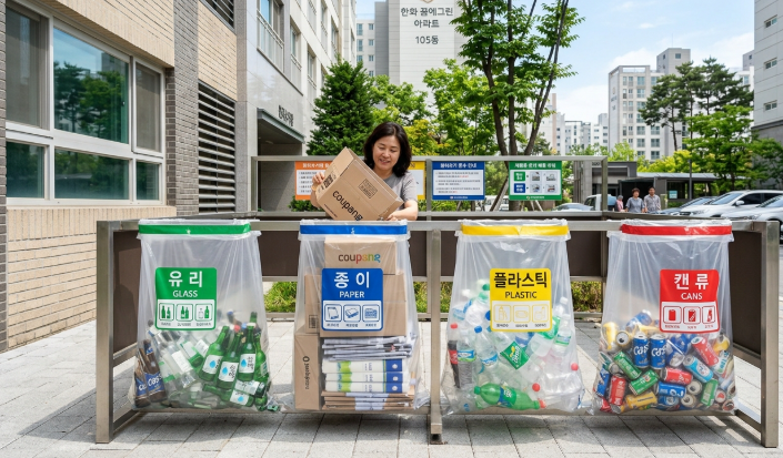Photorealistic image of neatly separated recyclables in Korea — clear bins or bags for plastic, paper, glass bottles, and aluminum cans — in an organized apartment recycling area, daytime, clean and tidy
