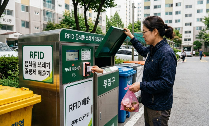 Photorealistic image of an RFID food waste disposal machine in a South Korean apartment complex, a person scanning a card and opening the lid, outdoor collection area, daytime, realistic documentary style