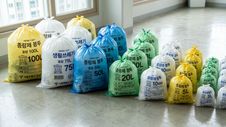 Photorealistic interior of a Korean convenience store (like CU or GS25) shelf displaying rolls of official jongnyangje garbage bags for sale, bright fluorescent lighting, realistic retail setting