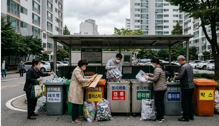 Photorealistic wide shot of a designated recycling collection area in a South Korean apartment complex with labeled bins and sorted materials, residents dropping off recyclables, overcast daylight, documentary style