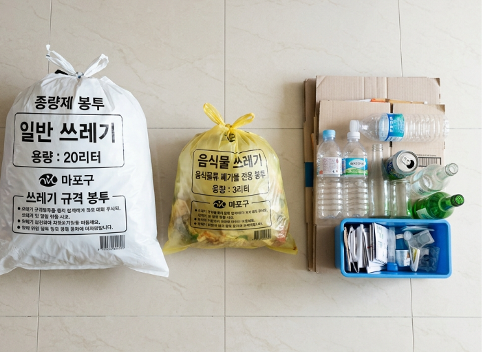 Photorealistic flat-lay overhead shot showing three categories of Korean household waste side by side — a white general-waste jongnyangje bag, a yellow food-waste bag, and sorted recyclables — on a clean tiled floor, bright even lighting, infographic-friendly